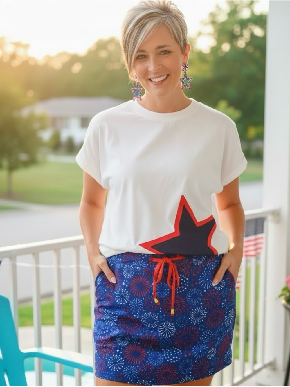 White Tee with Red & Navy Star Accent
